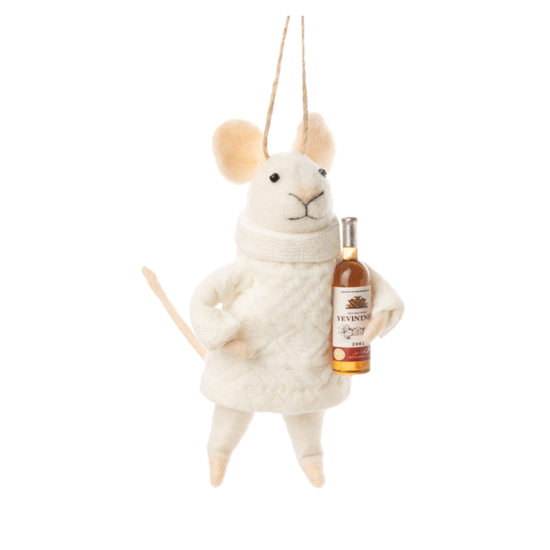 Felt Mouse In White Knit Sweater With Gift Of Red Wine Ornament