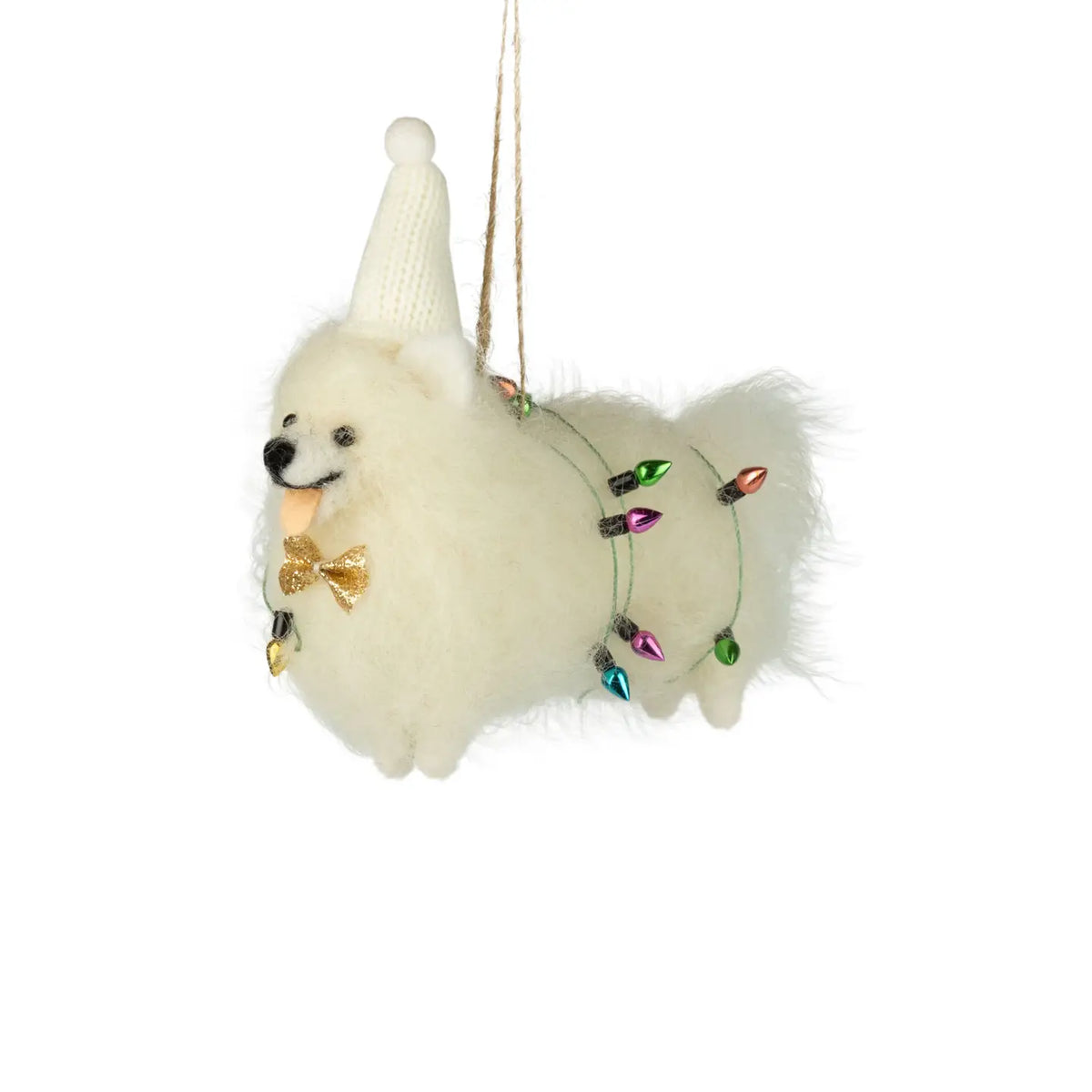 Felt White Standing Dog Wrapped In Colourful Xmas Lights Ornament