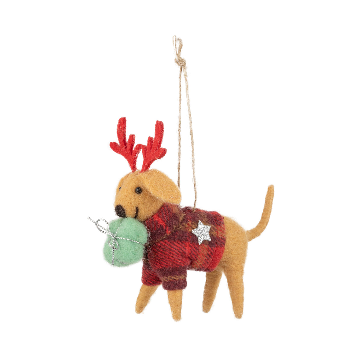 Felt Dog Ornament In Plaid Sweater With Red Antler