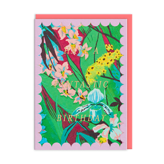 Scalloped Lilac Tropical Florals Greeting Card