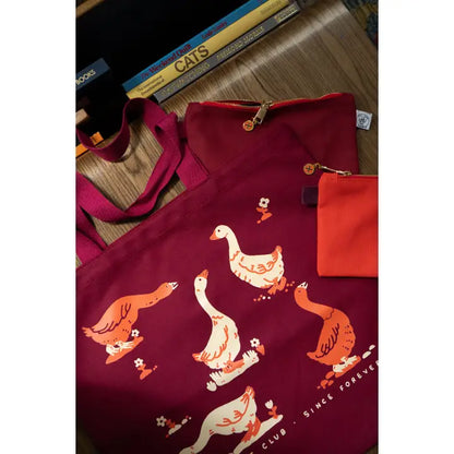 Goose Morning Flat Tote | Red & Maroon Canvas Tote Bag