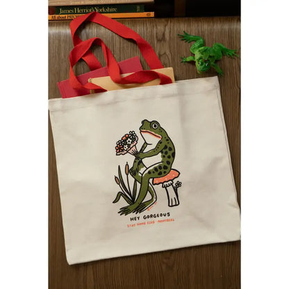 Hey Gorgeous Flat Tote | Two Tone Canvas Frog Tote Bag