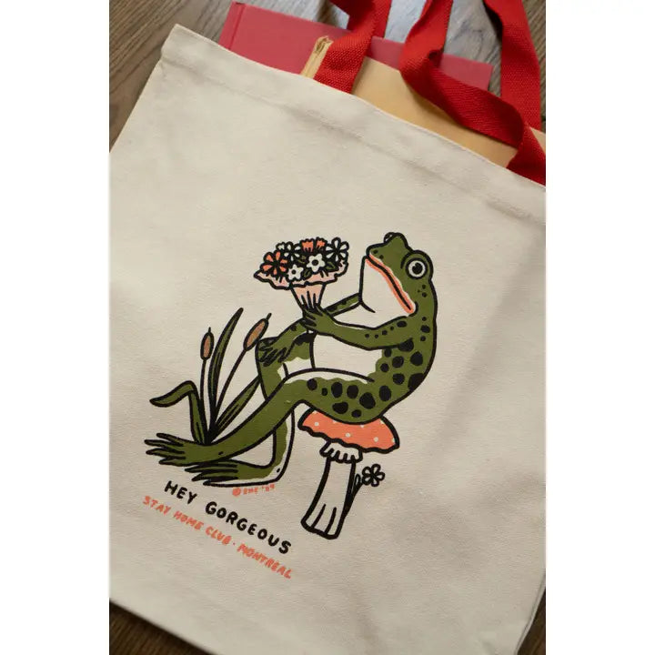 Hey Gorgeous Flat Tote | Two Tone Canvas Frog Tote Bag