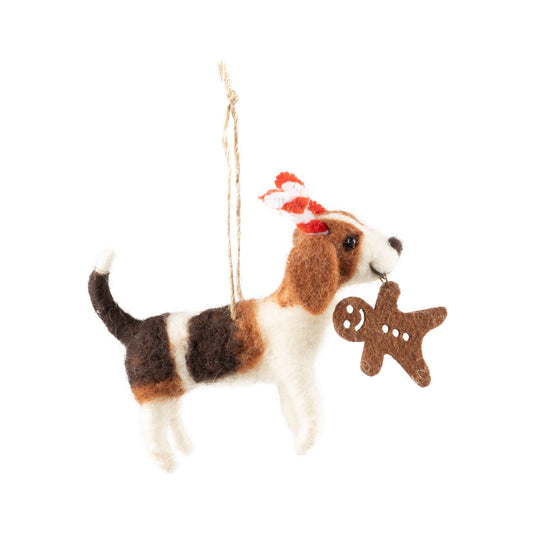 Felt Beagle Candy Cane Antlers With a Gingerbread Ornament