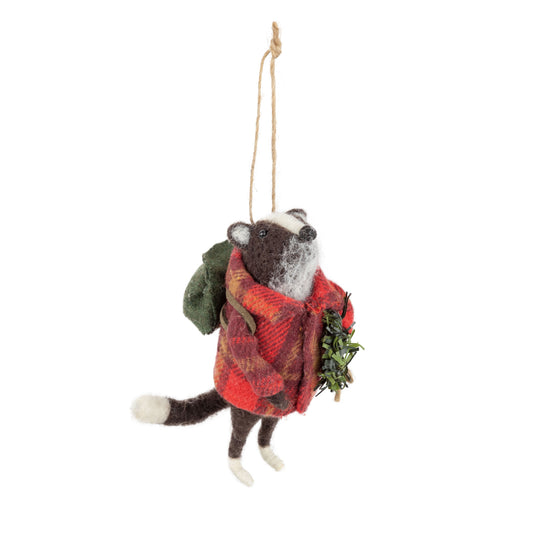 Felt Badger Ornament In Red Coat, Backpack Carrying A Green Wreath
