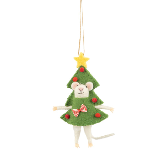 Felt Mouse Ornament Dressed As A Christmas Tree With A Star On Top