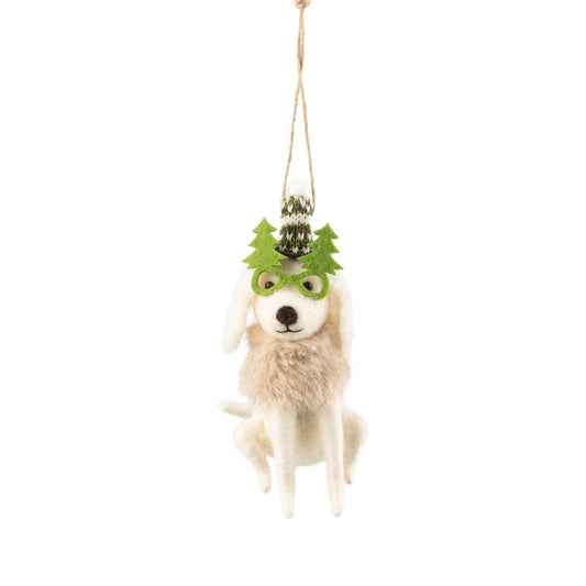 White Felt Dog with Xmas Tree Glasses Ornament