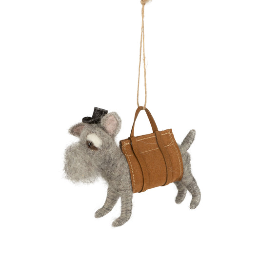 Felt Dog With Black Hat in a Brown Carrier Ornament
