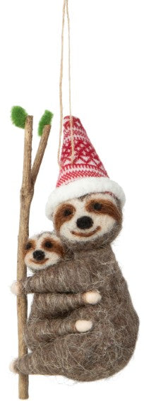Felt Sloth Mama And Baby Ornament On Branch