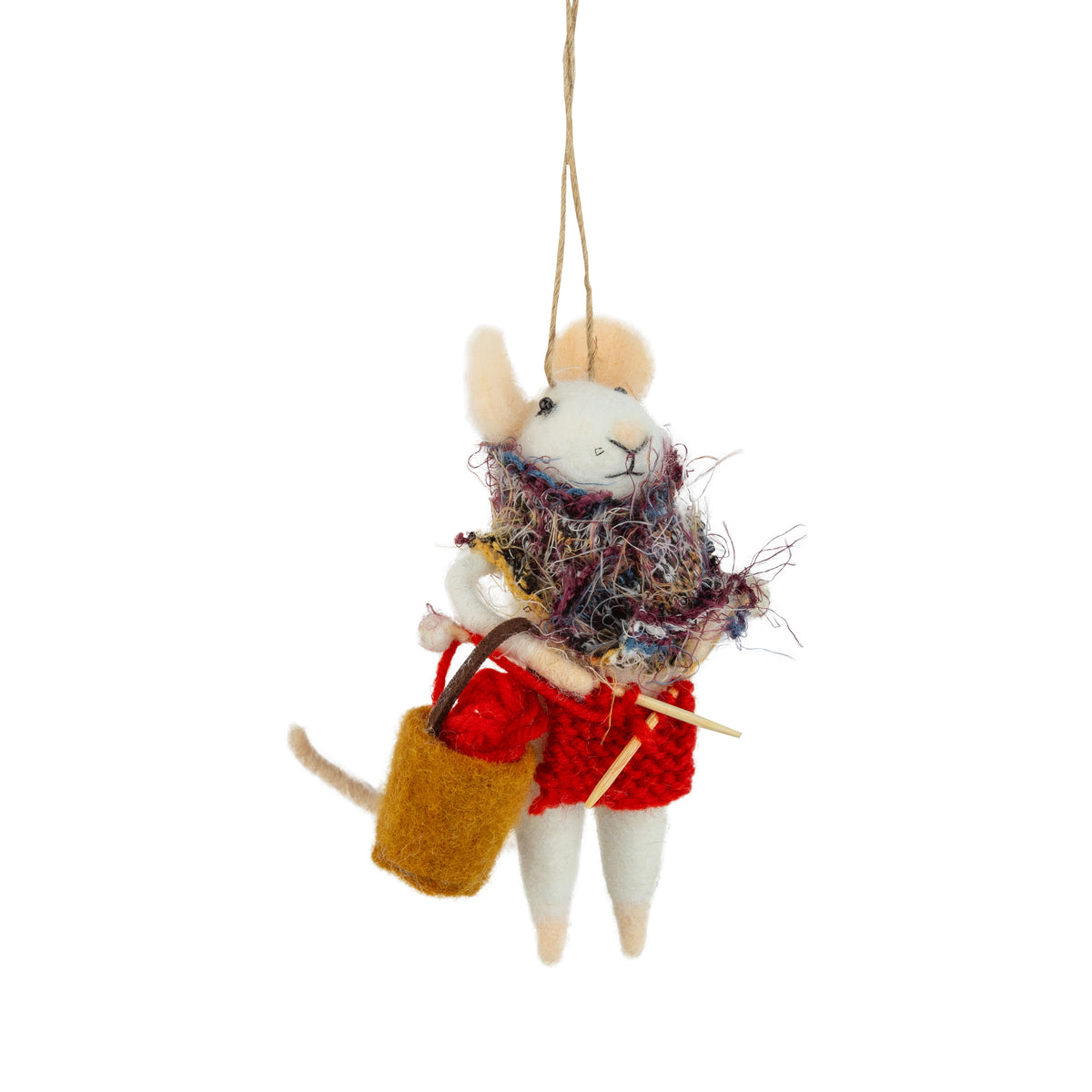 Felt Mouse Ornament With Knitting Bag