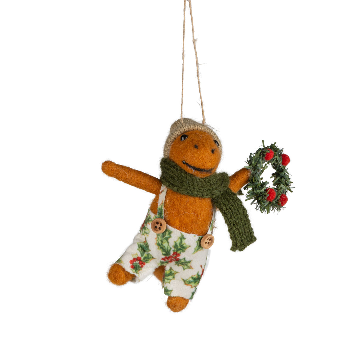 Felt Dinosaur In Holiday Print Clothing Ornament