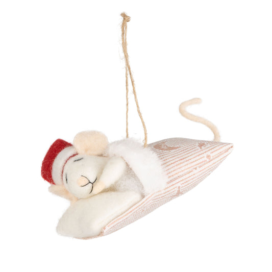 Felt Sleeping Baby Mouse with Santa Hat Ornament