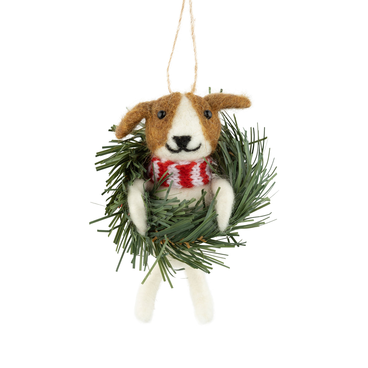 Felt Dog In Wreath Ornament With Red And White Scarf