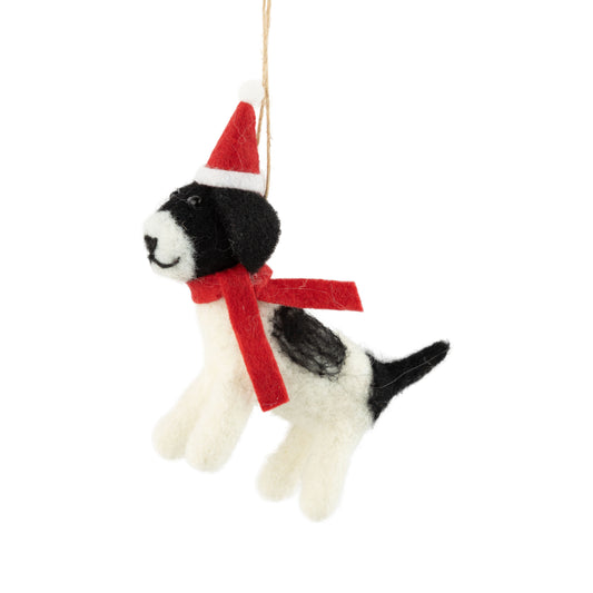 Felt White + Black Dog with Santa Hat + Red Scarf Ornament