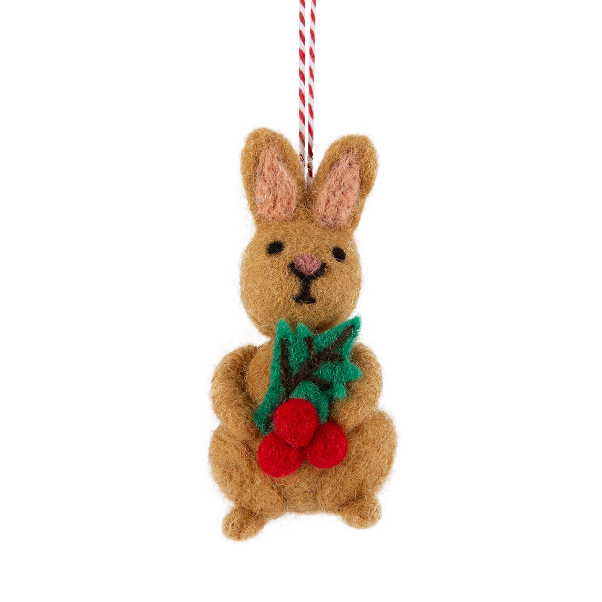 Felt Rabbit Light Brown Holding Holly Leaves Ornament