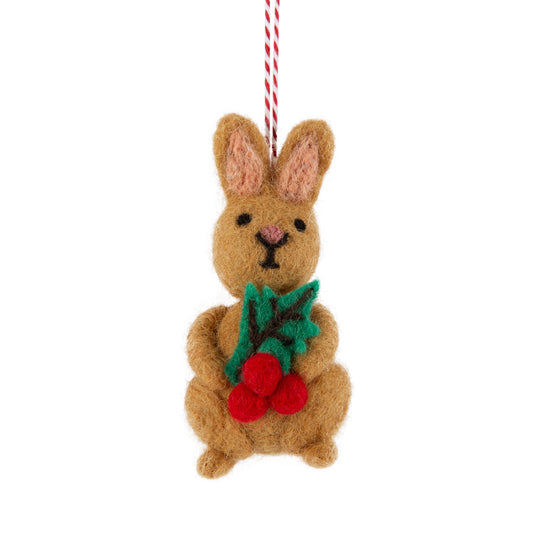 Felt Rabbit Light Brown Holding Holly Leaves Ornament