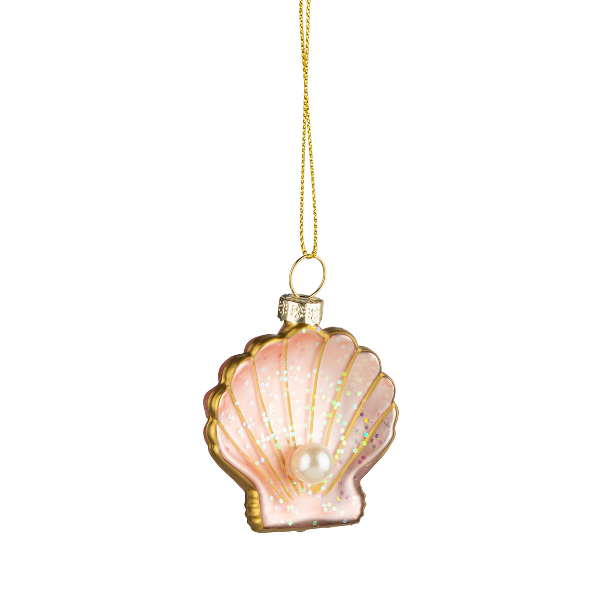 Glass Pink Seashell w/ Pearl & Gold Accent Ornament