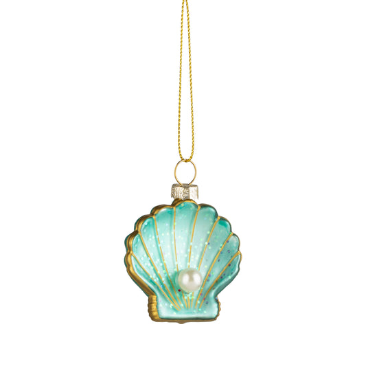 Glass Teal Seashell w/Pearl + Gold Accent Ornament