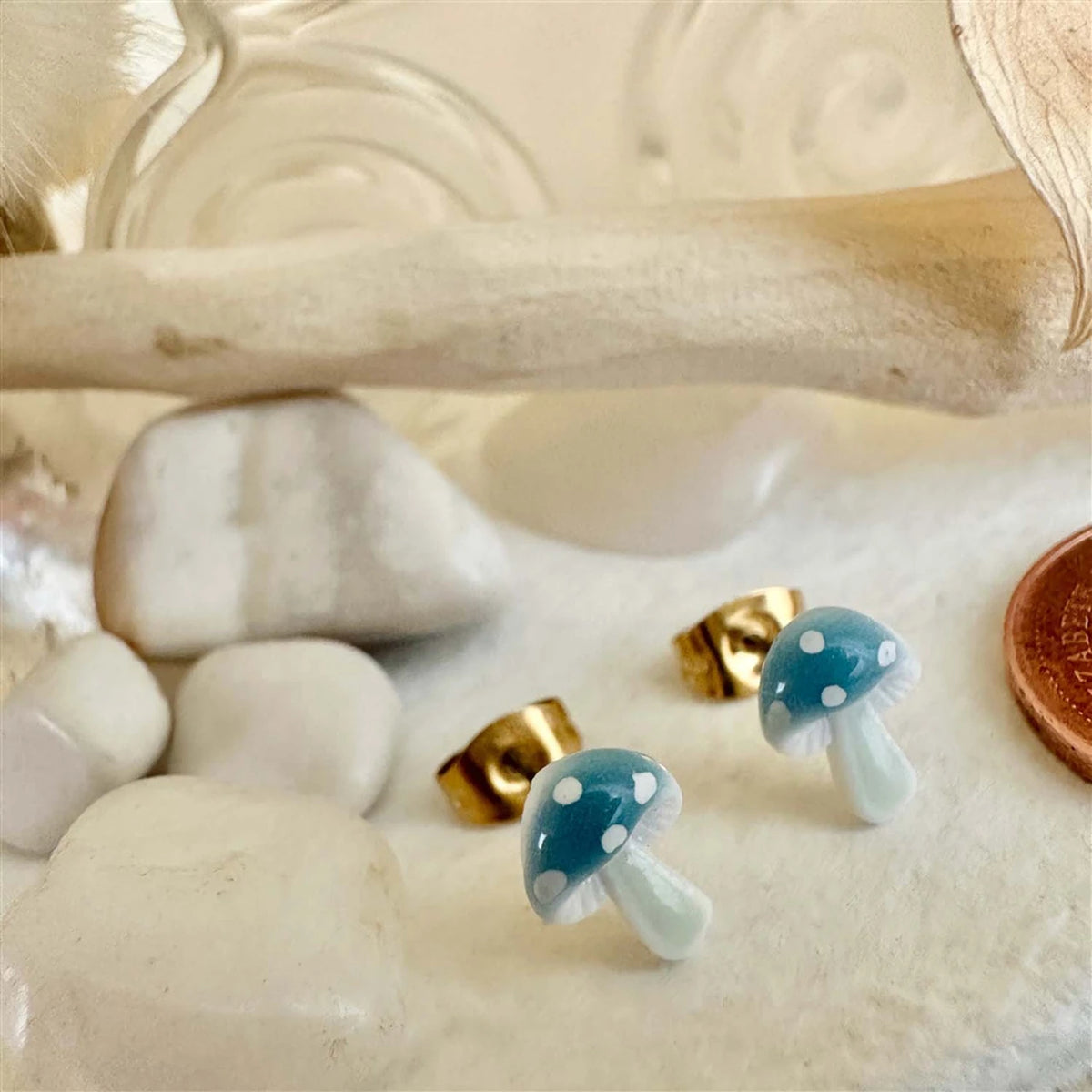 Agaric Porcelain Mushroom Stud Earrings Blue