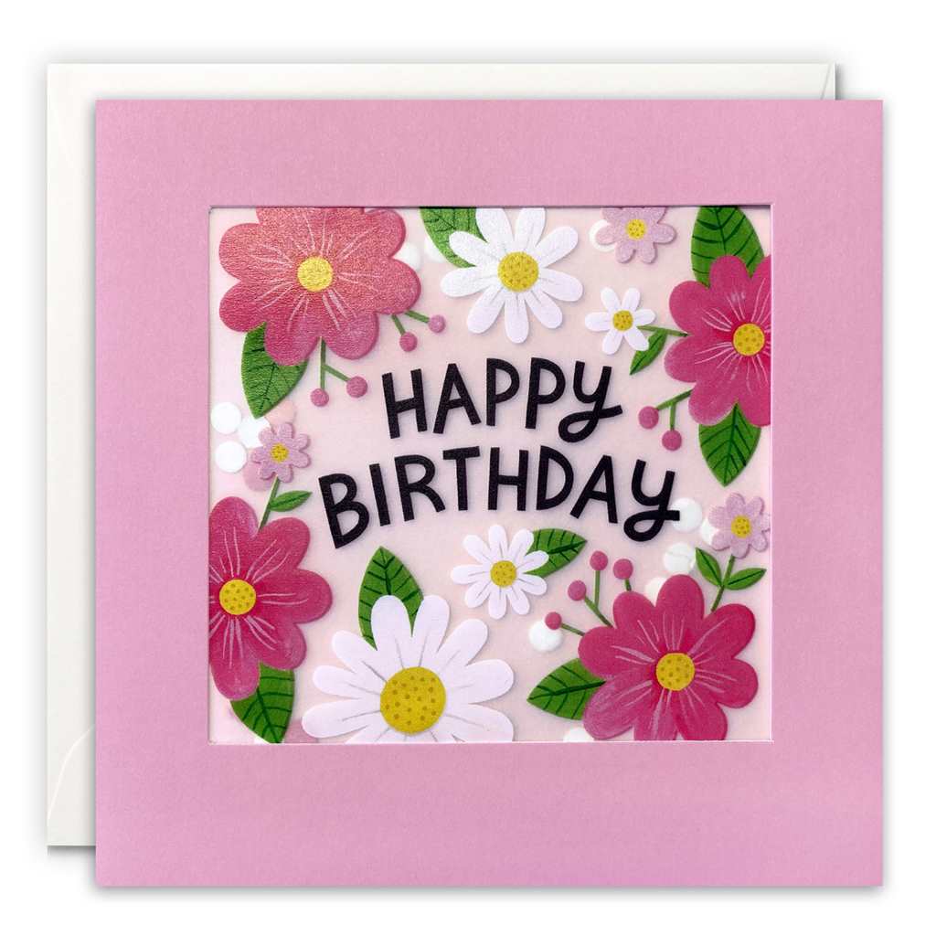Pink + White Flowers With Paper Confetti Birthday Card