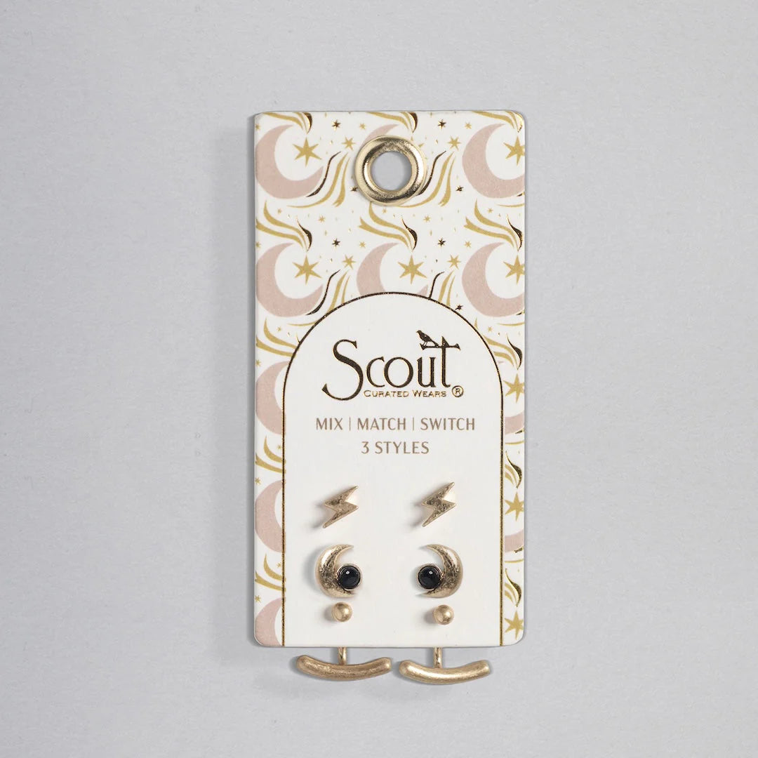 Stud Trio Ear Jacket Set Moon Black Spinel Gold