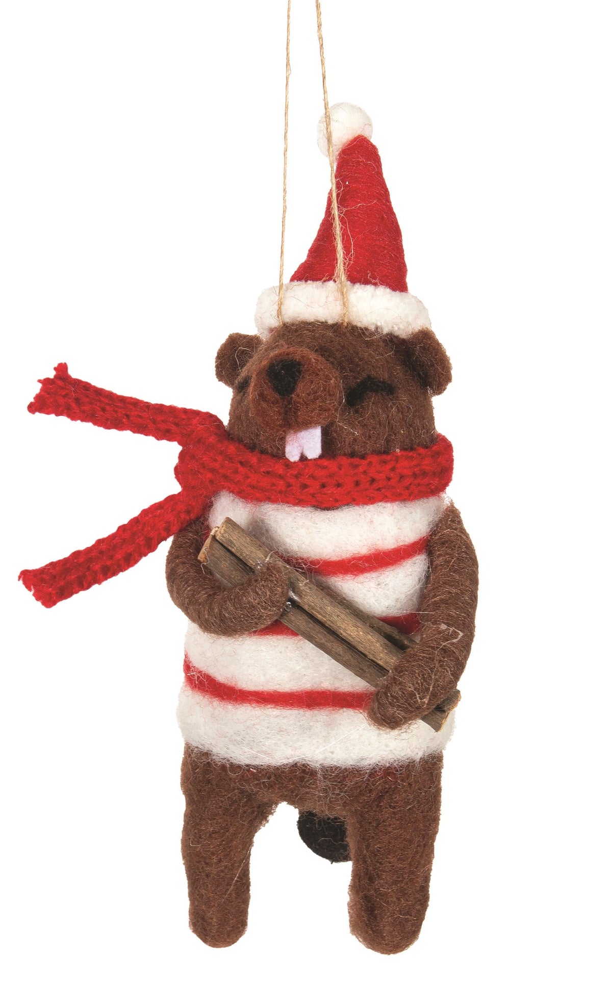 F13 - Felted Wool Beaver in Striped Sweater Christmas Ornament
