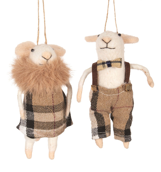 F10 - Felted Wool Fancy Mice Couple in Tan Tartan Christmas Ornament