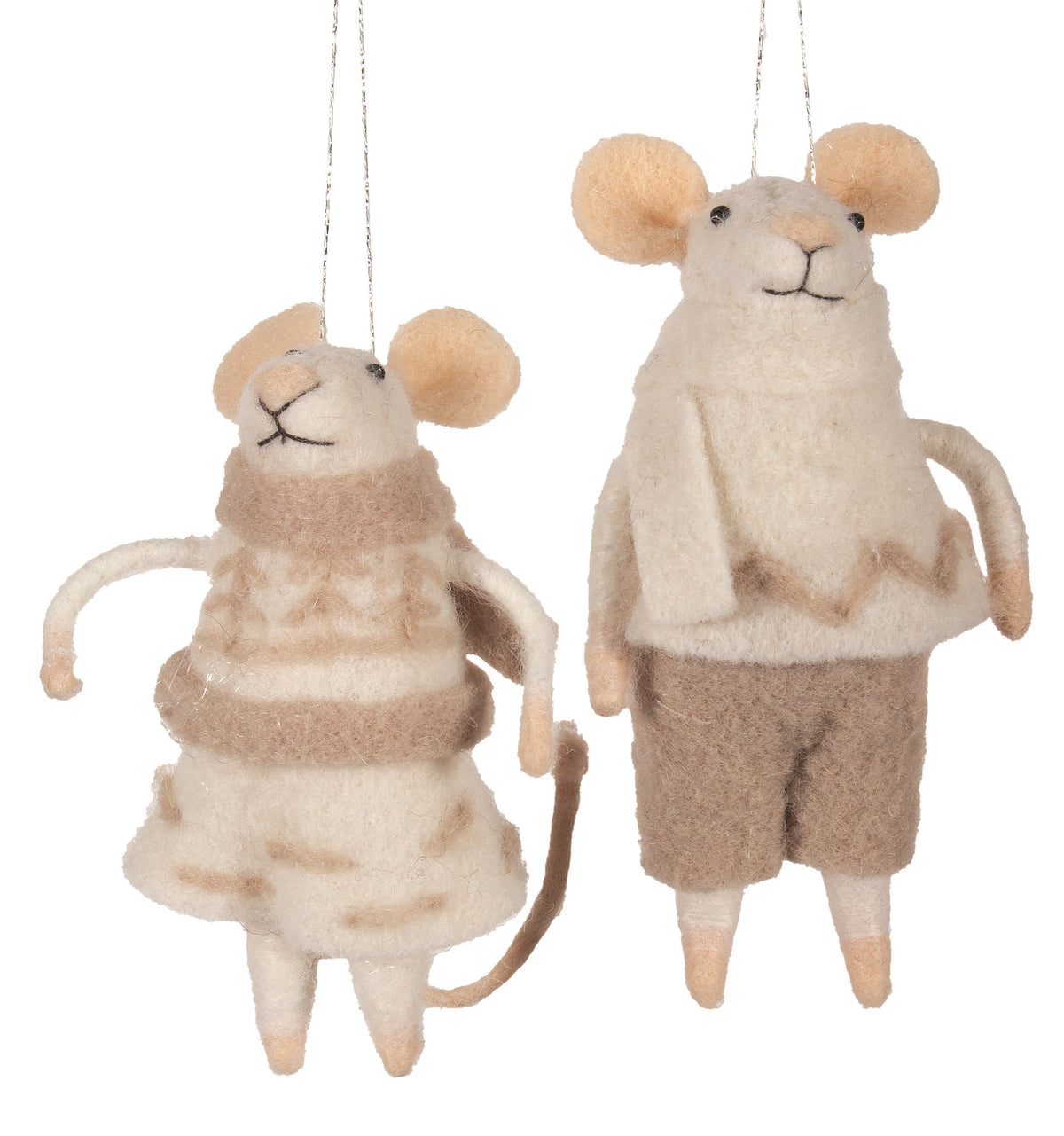 F24 - Felted Wool Mice Couple in Ivory & Tan Outfits Christmas Ornament