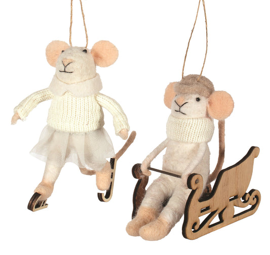 F11 - Felted Wool Ski & Sled Mice Christmas Ornament