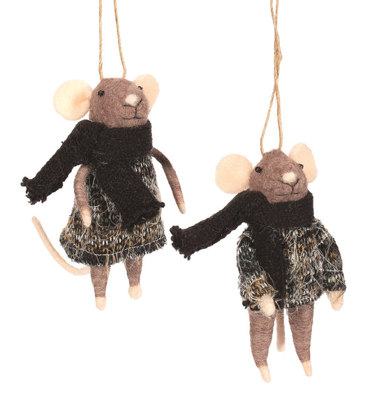 F23 - Felt Mice Couple in Black Wool Sweater & Scarf Christmas Ornament (Assorted)