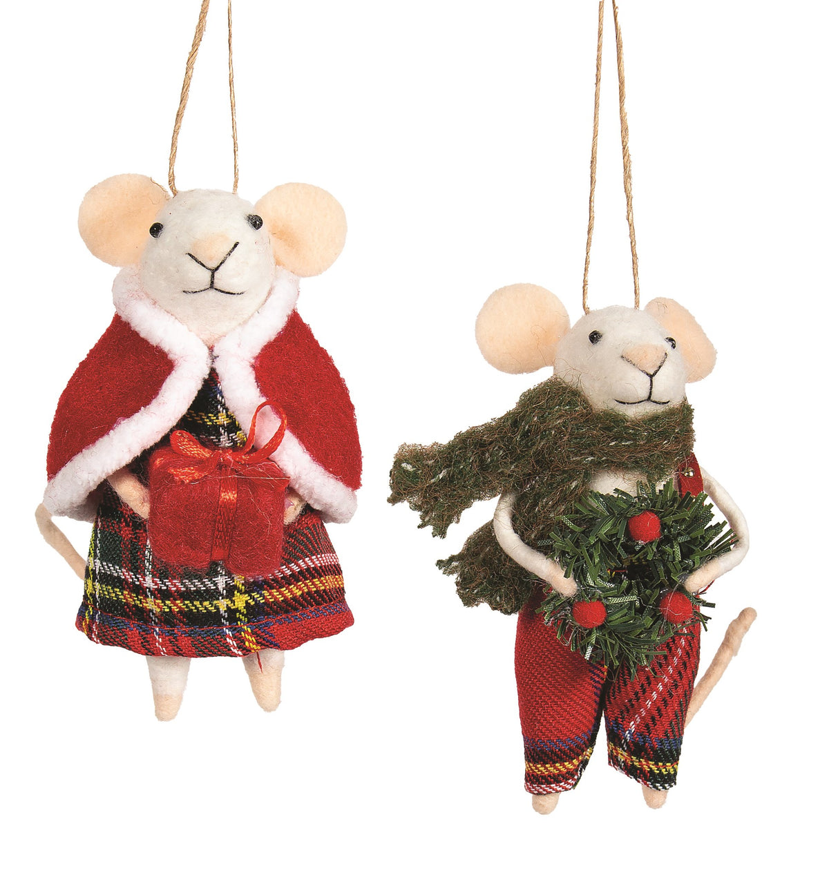 F25 - Felt Party Mice Couple in Tartan Christmas Ornament