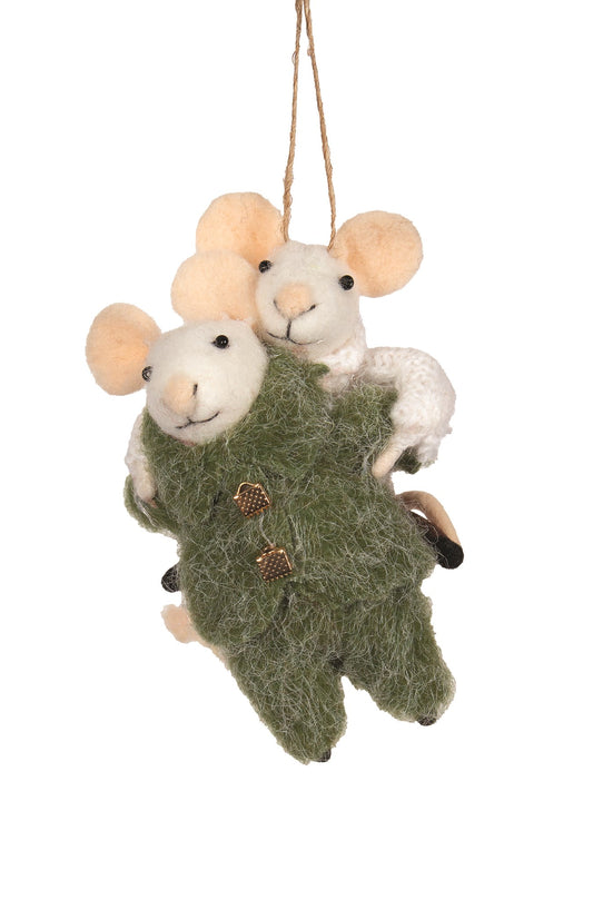 F8 - Felt Piggy-Back Mice in Green Suit Christmas Ornament