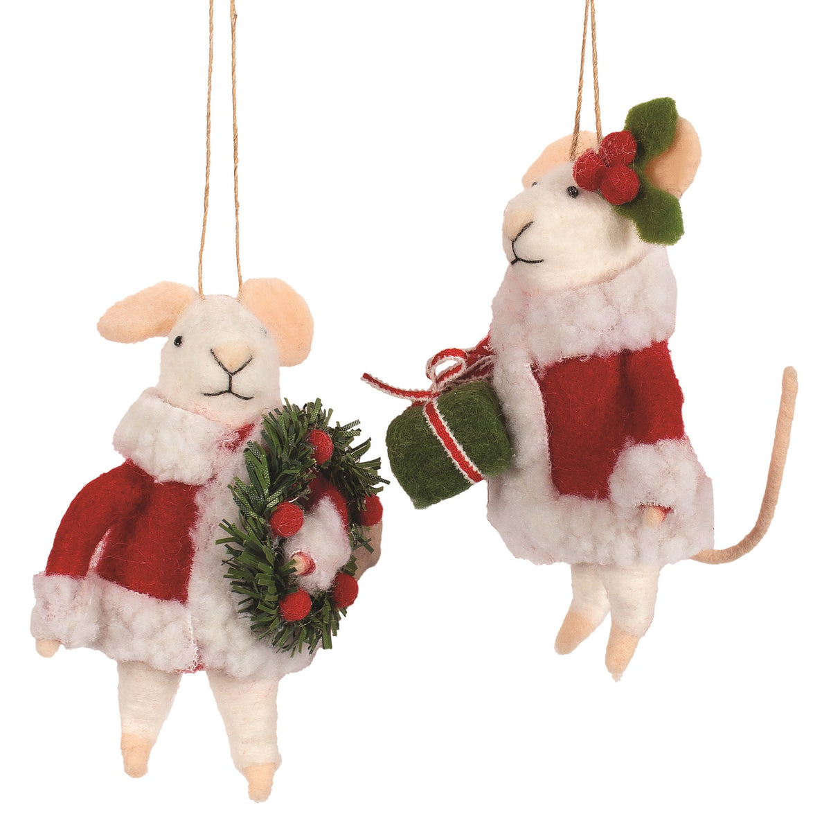F29 - Felt Mice Couple in Red Boucle Trim Coats Christmas Ornament (Assorted)