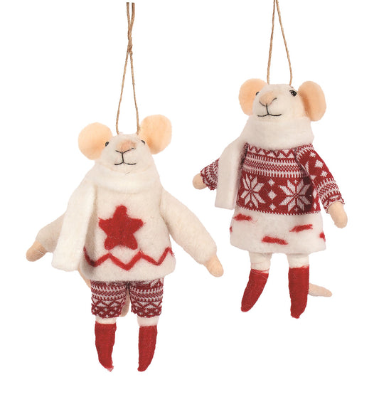 F22 - Felt Mice Couple in Nordic Knit Outfits Christmas Ornament