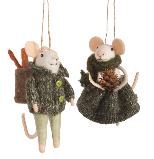 F26 - Felt Forest Mice Green Knit Christmas Ornament