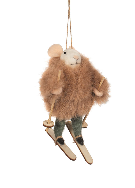 F5 - Felt Skiing Mouse in Faux Fur Jacket Christmas Ornament