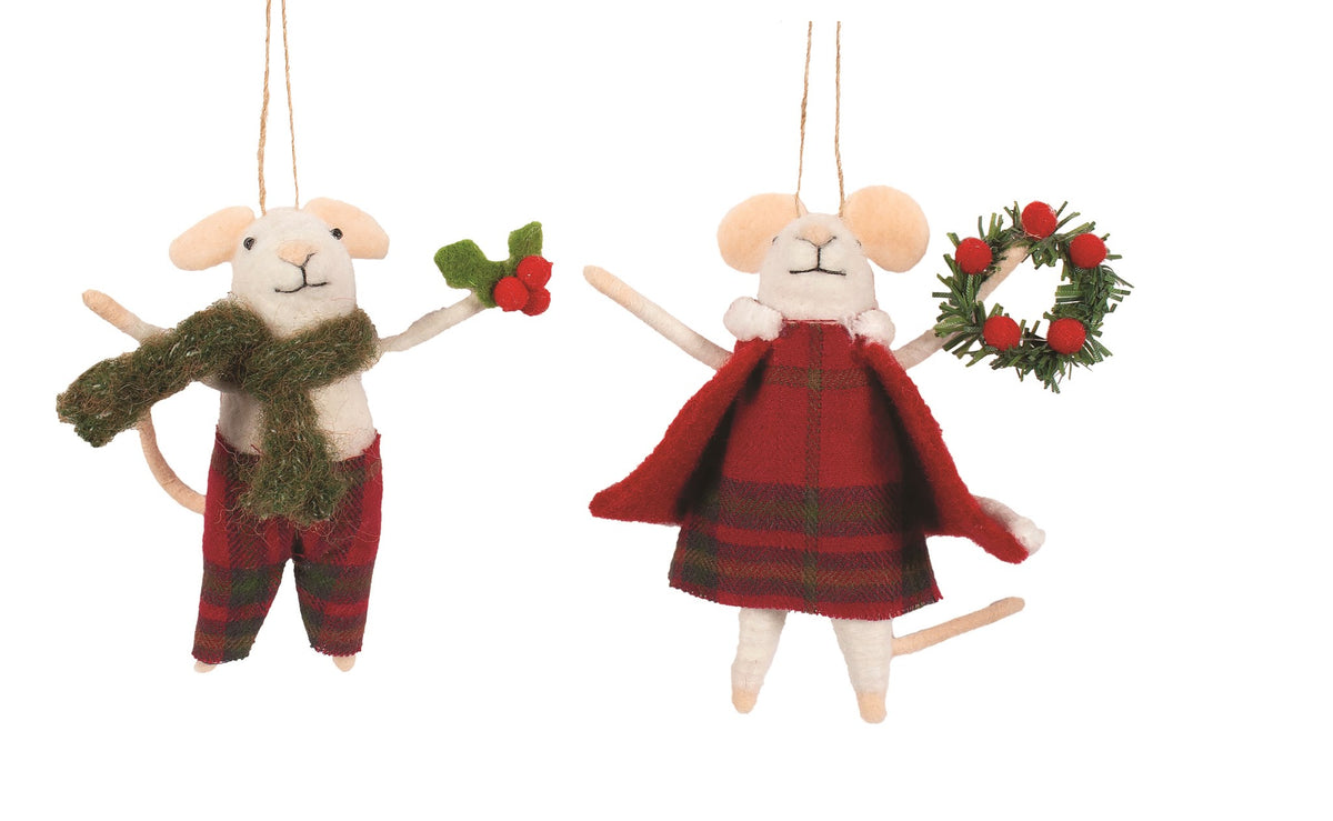 F27 - Felt Mice Couple in Tartan Outfits Christmas Ornament