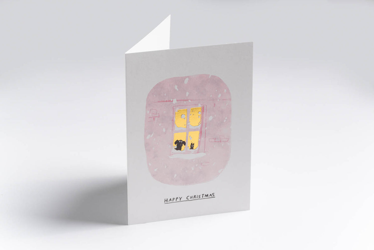 Snowy Window Cat And Dog Card