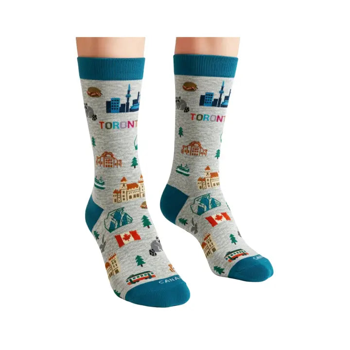 Toronto Canada Crew Socks with City Skyline Landmarks and Travel Icons