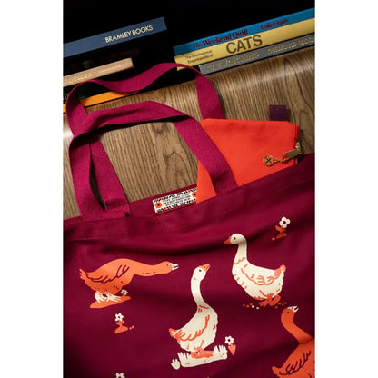 Goose Morning Flat Tote | Red & Maroon Canvas Tote Bag