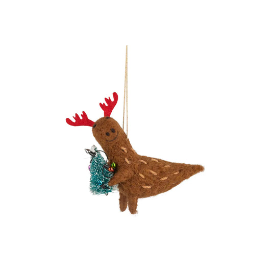 F83 - Felt Dinosaur With Antlers And Christmas Tree Ornament