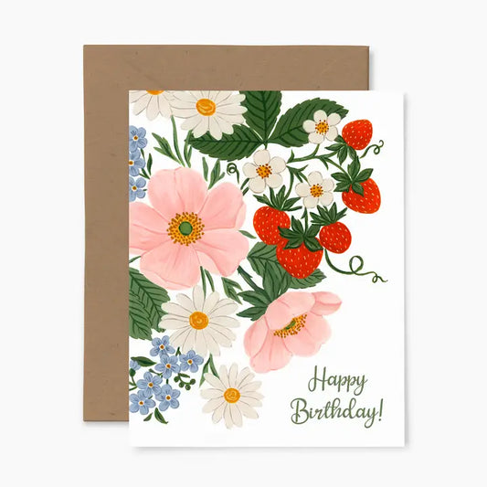 Flowers and Strawberries "Happy Birthday" Greeting Card