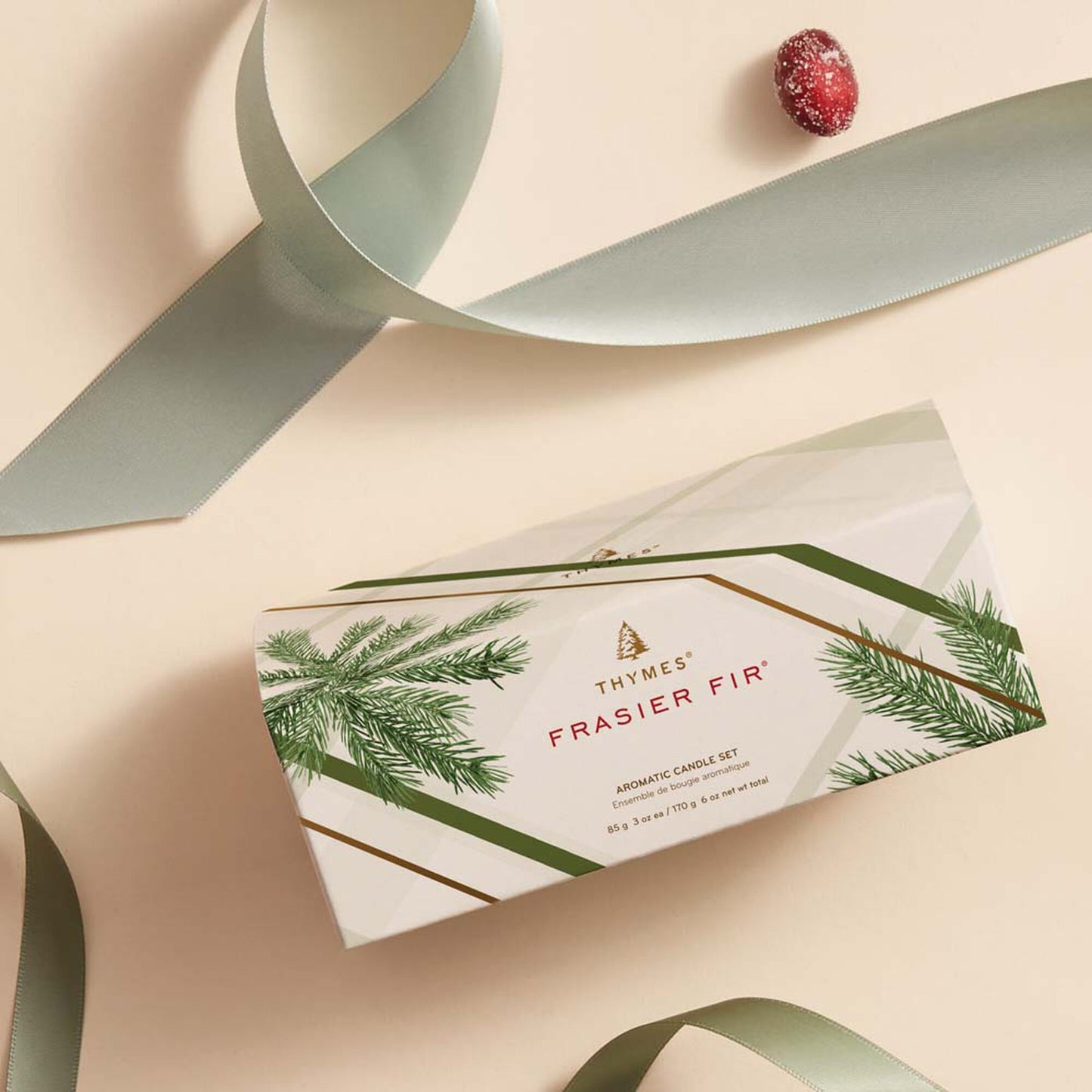 Frasier Fir Plaid Poured Candle Set – Frosted Green & Mercury Gold Holiday Candle Set by Thymes
