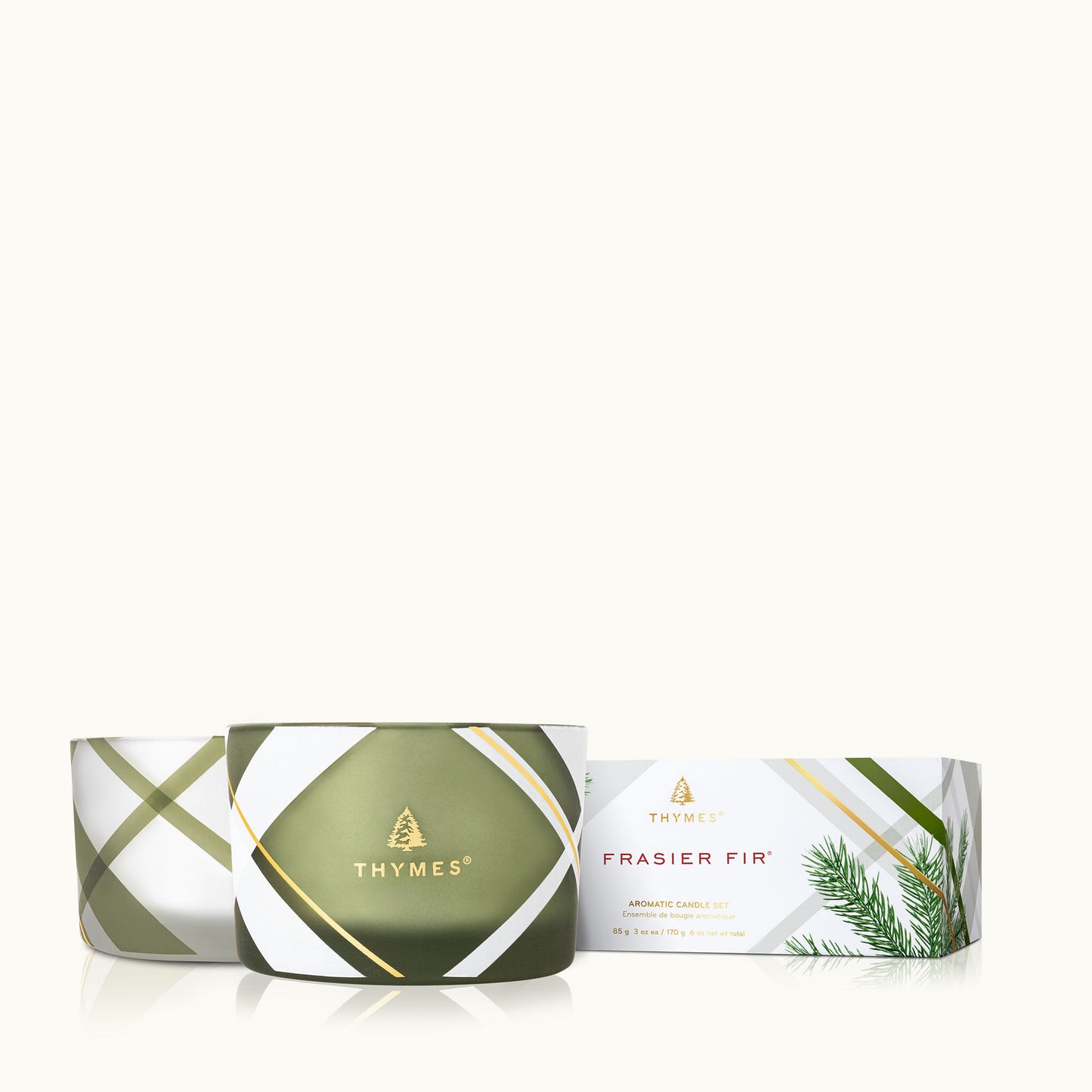 Frasier Fir Plaid Poured Candle Set – Frosted Green & Mercury Gold Holiday Candle Set by Thymes