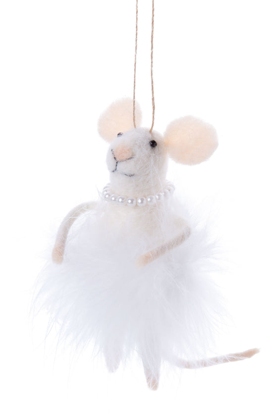 Felt Mouse with Pearl Necklace & White Feather Tutu Ornament