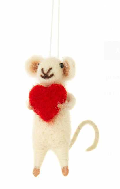 Mini Felt Mice Holding Heart or Flower Ornament