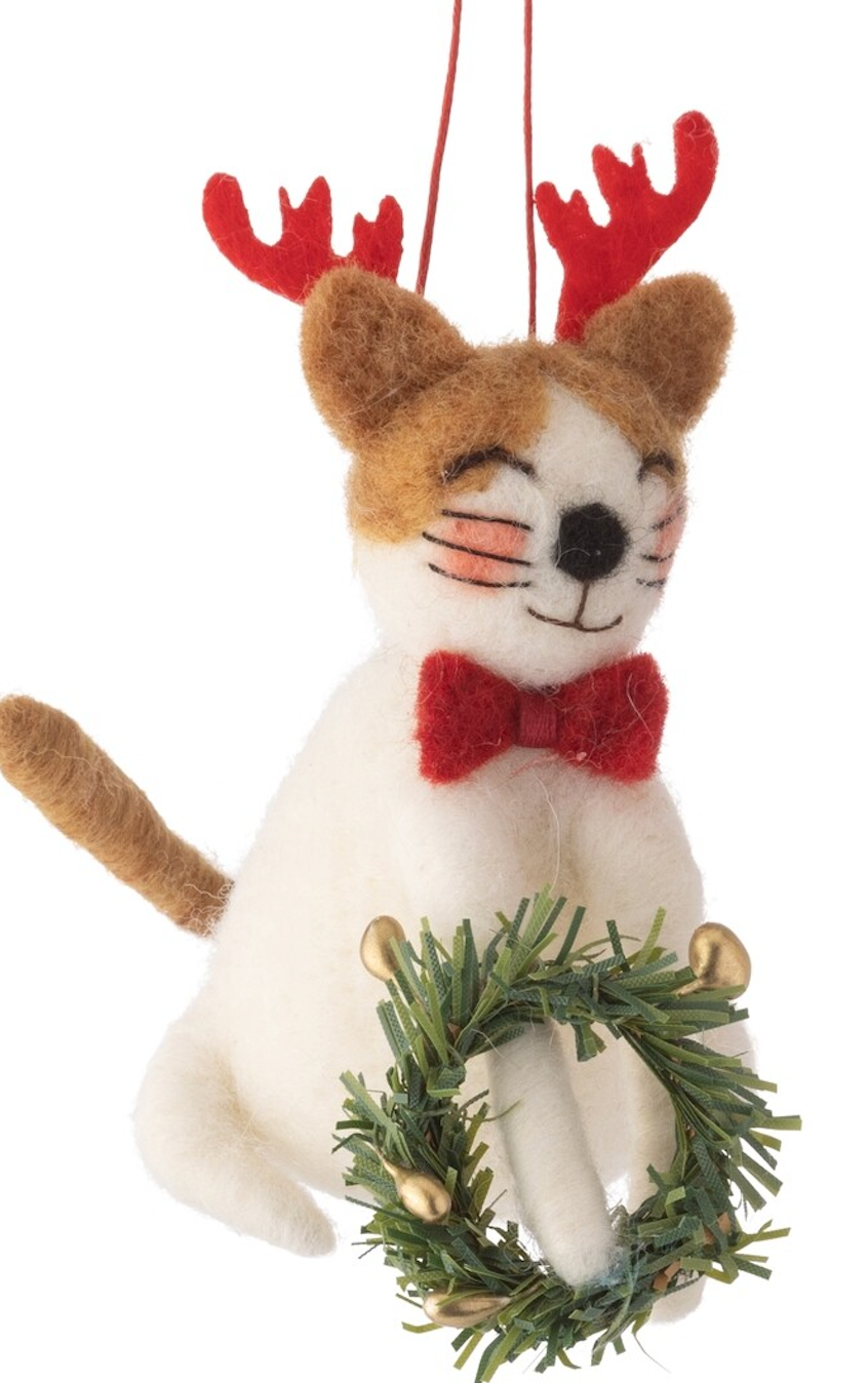 Felt Cat with Wreath / Garland Ornament